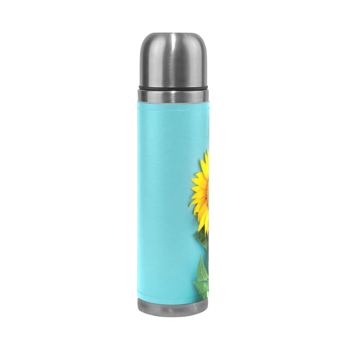 Taza de viaje aislada al vacío de acero inoxidable con doble pared a prueba de fugas, botellas de girasoles con estampado personalizado impreso en piel auténtica, termo de 500 ml