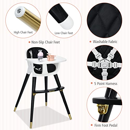 Image of INFANS Baby High Chair, 3 in 1 Convertible Wooden Highchair for Babies & Toddlers, Modern Infant Feeding Chair with 5-Point Safety Harness, Footrest, Adjustable Legs, Removable Tray PU Cushion