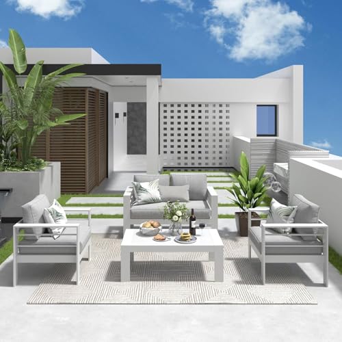 LCLibroCam Gartenlounge Aluminium Set 4-teilig, LC Gartenmöbel Set Alu Outdoor mit Tisch & Abnehmbaren Kissen – Wetterfest für Balkon & Terrasse Lounge Möbel Outdoor Metal - Weiße