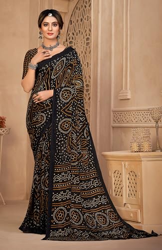 Image of Women's Chiffon Bandhani Geometric Printed Saree With Unstitched Blouse Piece
