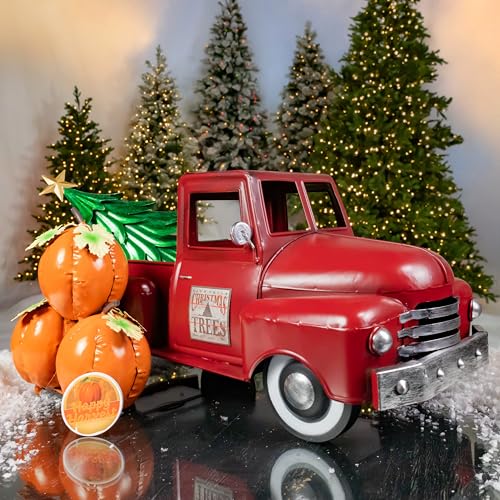 Image of Zaer Ltd. Metal 18.5 inch Long Multi-Seasonal Christmas and Harvest Pickup Truck with Metal Tree, Pumpkins, and Matching Side-Magnet Sets (Antique Red)