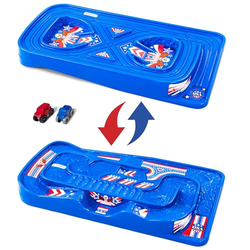 Image of Simplay3 Portable Carry and Go Kids Race Track Toy Car Train Table, 2-Sided No Assembly for Children 3 4 5 6 7 Years Old Boys Girls, Made in USA, Red White & Blue