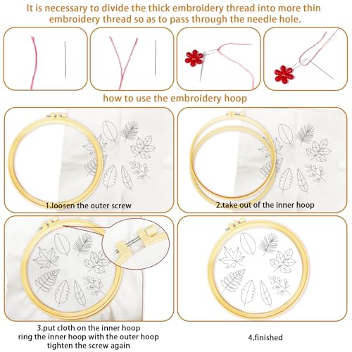 Image of BEUNITONE 6 Pack Beginner Embroidery Kit for Adults, Simple Floral Plants Pre-Stamped Pattern Starter Needlepoint Kits with Hoops & Instruction, Hand Embroidery Kits for Fabric and Home Decor 7.9x7.9