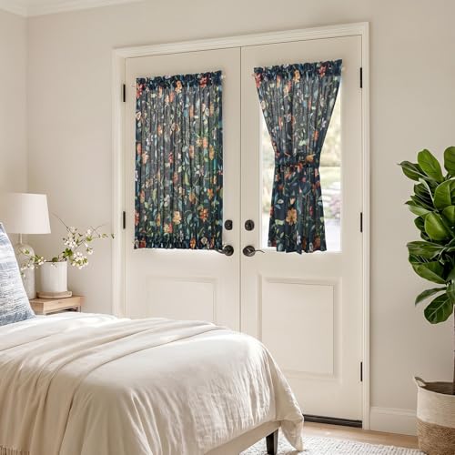 Image of jinchan Hattie Floral French Door Curtain 40 Inch Length Vintage Cottage Core Farmhouse Linen Decor for Glass Door Light Filtering 1 Panel with Tie Up Bow Rod Pocket Dark Blue