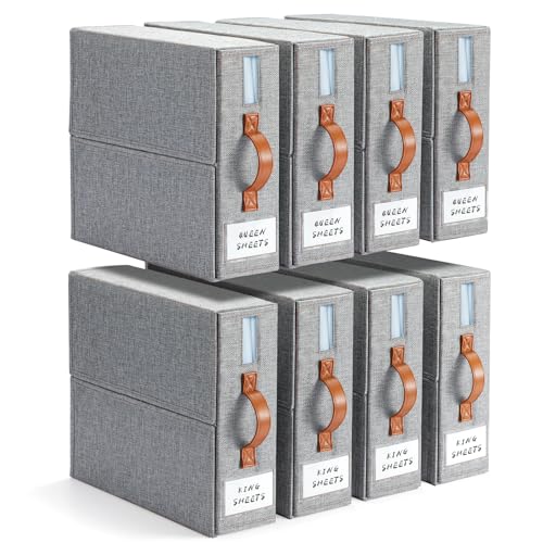 Image of Yecaye 8 Pack Bed Sheet Organizer, Foldable Linen Closet Organizers and Storage (Queen & King Size) with Window & Label, Bedding Storage Box for Bedsheets, Duvet Covers and Pillow, Grey