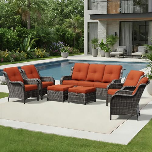 Image of Joyside 7 Piece Wicker Patio Furniture Set, Rattan Patio Chairs with High Back, Deep Seating, Wide Armrest, Thickened Cushions, Outdoor Furniture for Deck, Porch Use