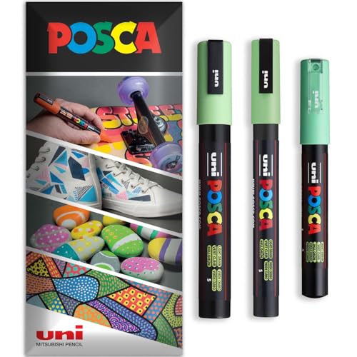 Posca - Rotulador permanente a base de agua, multiuso en superficies, PC-1M, PC-3M, PC-5M, paquete de 3 bolígrafos en cartera (verde claro)