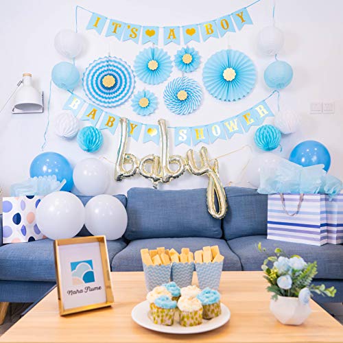 NAHA FLUME Boy Baby Shower Decorations for Boy | 50pc Blue & Gold Its a Boy Baby Boy Shower Decorations | Baby Shower Boy Decorations | Baby Boy Shower Decor | Oh Baby Boy Baby Shower Decorations Boy