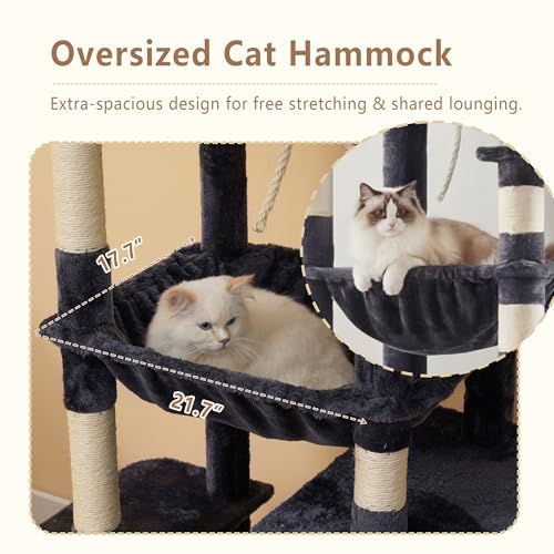 Image of Heybly 64.2 inch Heavy-Duty Cat Tree for Large Cats with Wide Base HCT027G | Indoor Cat Tower with Scratching Posts & Board, Cat Furniture with Big Platforms, Extra-Large Hammock, Smoky Gray
