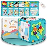 zoula kidz® Busy Cube - Motorikwürfel & Busy Board 2-in-1 - Faltbares Montessori Spielzeug ab 3 Jahre - Wandelbar zu Buch und Steckwürfel - Motorikspielzeug & Activity Board mit 12 Spielseiten