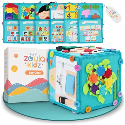 zoula kidz Busy Cube - Motorikwürfel & Busy Board 2-in-1 - Faltbares Montessori Spielzeug ab 3 Jahre - Wandelbar zu Buch und Steckwürfel - Motorikspielzeug & Activity Board mit 12 Spielseiten
