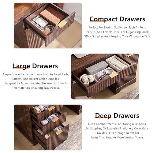 Image of 58 inch Modern Wood Executive Desk with 5 Drawers & 1 Cabinet, Built‑in Outlet | Fluted Computer Writing Desk for Study, Living Room, Bedroom, Dark Walnut