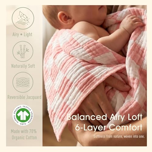 Image of Ultra-Soft Muslin Baby Blanket - Swaddle & Crib for Girls, Pink Checkered (1-Pack)
