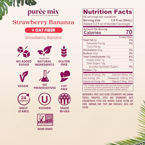 Image of Smartfruit Strawberry Bananza + Oat Fiber - 100% Real Fruit Puree with Strawberries & Banana - Great for Smoothies, Juice, Yogurt, Cocktails, Teas & More - High in Vitamin C - 48oz