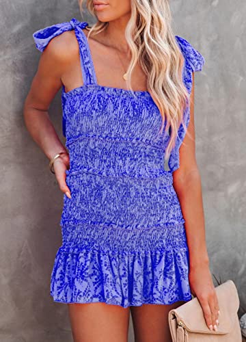Image of Hotmiss Womens Ruffle Smocked Mini Dress Sleeveless Floral Print Summer Tiered Tie Slim Fit Short Dresses
