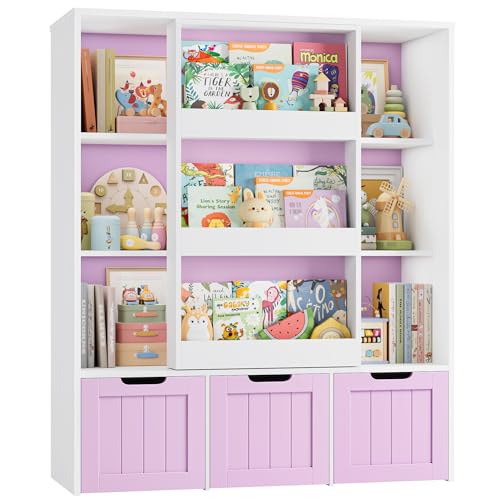 FOREHILL Bibliothèque Enfant avec Porte Coulissante Meuble Rangement Enfant avec 10 Étagères 3...