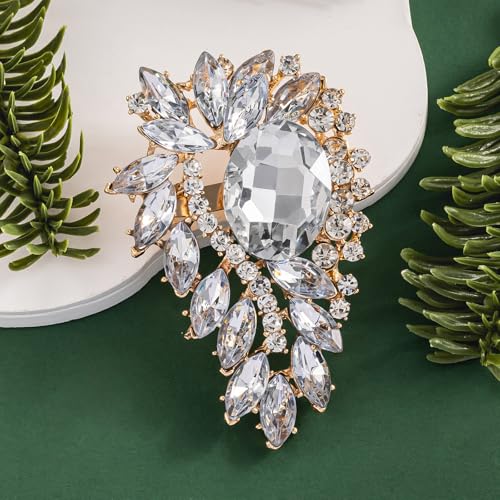 Image of SELOVO Leaf Flower Green Rhinestone Crystal Brooch Pin Accessory Gold Tone