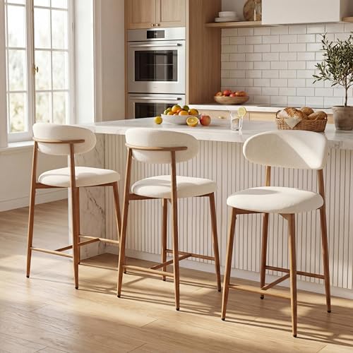 Image of AQO Counter Height Bar Stools Set of 3, Upholstered Counter Stools Modern Barstools with Metal Legs for Kitchen Island Dining Room, Wood-Grain