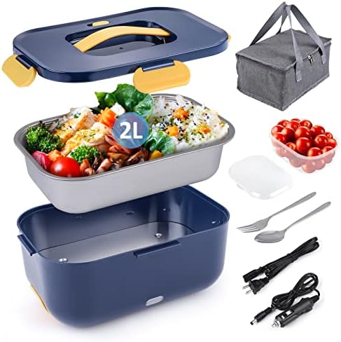 Electric Lunch Box Food Heater Portable Food Warmer for Car/Truck/Home, 2L Heated Lunch Box for Adults, Lunch Heating Microwave Removable Stainless Steel Container 12V 24V 110V 70W(Navy Blue)