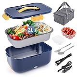 Electric Lunch Box Food Heater, 2L Portable Food Warmer Lunch Box for Car Home Work Adults, 2 in 1 Heated Lunch box Food Heating with Removable Stainless Steel Container 110V/12V/24V 70W (Navy Blue)