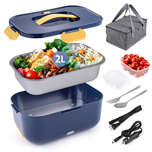 Electric Lunch Box Food Heater Portable Food Warmer For Car/Truck/Home, 2L Heated Lunch Box For Adults, Lunch Heating Microwave Removable Stainless Steel Container 12V 24V 110V 70W(Navy Blue) #TOP3