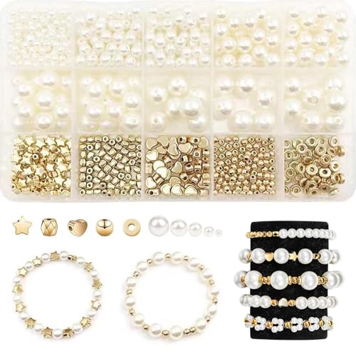 Pearl Beads for Bracelets, 720pcs Ivory Faux Fake Pearls Gold Spacer Beads Bracelet Making Kit with Hole for Adult, Friendship Bracelet Kits, Small Pearl Beads and Gold Beads, Jewelry Making Kit