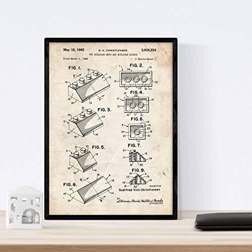 Nacnic Poster avec cadre avec brevet Lego - Affiche - Motif brevet ancienne de taille A3 et fond vintage avec encadrement