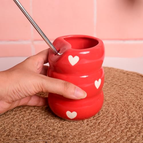 Image of Sip Bubble Ceramic Tumbler with Stainless Steel Straw | Red Heart Pattern, Handmade, Drinkware | 220 ML
