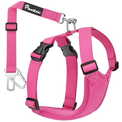 Pawaboo Pettorina di Sicurezza per Cani, Imbracatura Regolabile per Auto Cintura di Sicurezza con Moschettone per Animali Domestici Quinzaglio Regolabile per Auto, Taglia S, Magenta