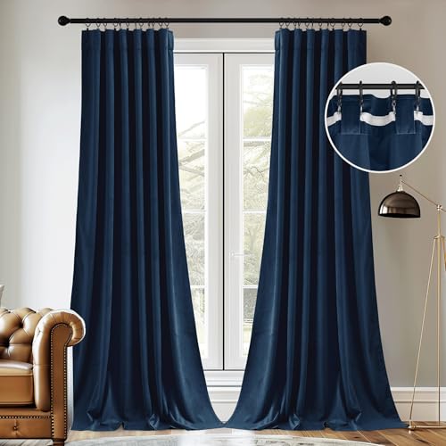 Image of StangH Navy Blue Velvet Curtains 90 Inches Long for Master Bedroom, Midnight Blue Room Darkening Drapes, Thermal Insulated Privacy Panels for Office with Back Tab & Hook Belt, W52 x L90, 2 Panels