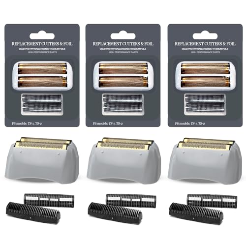 OXSITO 3Pack Gold Pro Foil and Cutters Replacement for Andis TS-1 TS-2 (17150/17155/17200) Shavers. (Foil Replacement x3 inner cutters x6)