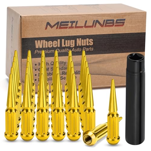 32Pcs M14x1.5 Spike Lug Nuts, 4.4" Tall Acorn Style with Socket Key – Pointed 7-Slotted Wheel Accessories Compatible with Chevy Silverado, Ford F-Series, GMC, Glod