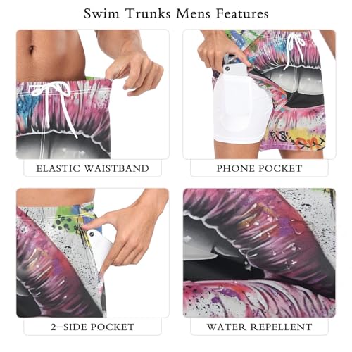 Mens Swim Trunks with Liner, Giraffiti Lip White Cool Quick Dry Beach Swim Shorts, Swimwear Bathing Suits S3