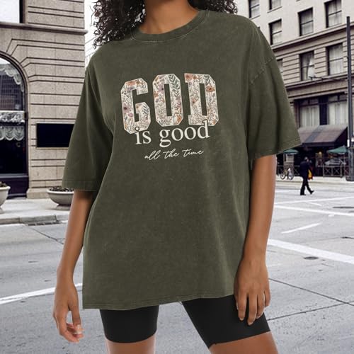 Image of Christian God is Good Shirts for Women Jesus Faith Religious T Shirts Floral Graphic Oversized Acid Washed Tee Tops