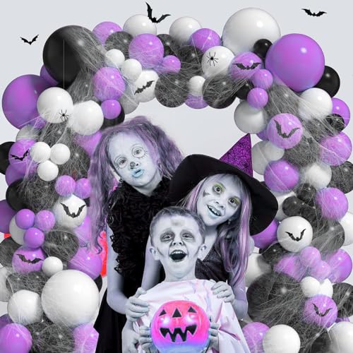 Image of Rozi Decoration Halloween Balloons Garland Kit Pack of 93 Pcs | Purple, White & Black Metallic Balloons with Spider Web Decorations, 5M Arch & Glue Dots for Halloween Party Decor at Home & Garden