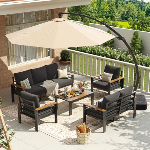 Aoxun Aluminum Patio Furniture Set with Umbrella 7 Seats, Oversized Outdoor Sectional with Washable Thick Cushions, Coffee Table and Waterproof Cover, Patio Conversation Sets for Porch, Balcony, Deck