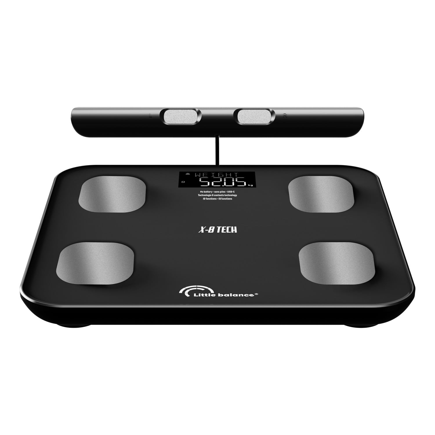 LITTLE BALANCE 8662 IC-X8 Tech USB, Pèse Personne Balance Connectée, Impédancemètre Connecté, Sans Pile, Rechargeable USB-C, 8 électrodes Haute Précision, 19 données corporelles, 180 kg/50 g, Gris