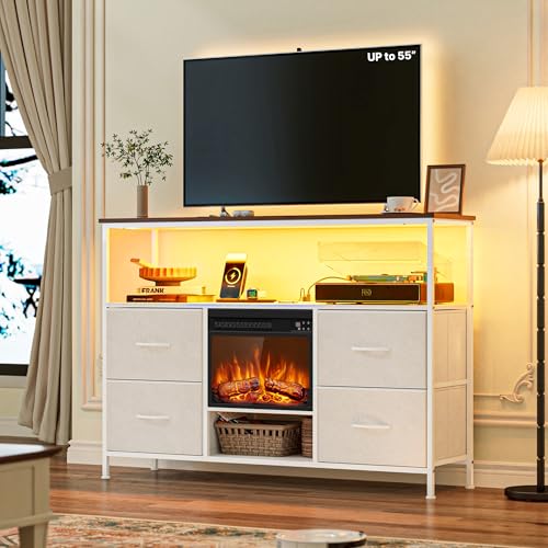 BREEZEHEAT Fireplace TV Stand with 4 Fabric Drawers,LED Entertainment Center with Power Outlets & Open Shelf for 55" TV, Small TV Consle Table with PU