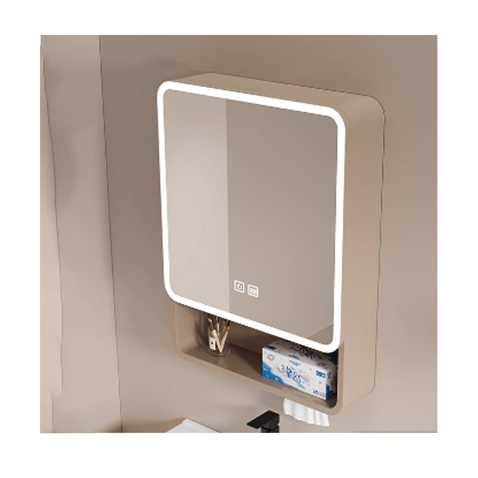BKSXSOP Bathroom Mirror Cabinet with Shelves, Round Corner Design, Anti-Fog, Large Storage Capacity, Wall-Mounted, Cream Color, 50cm/19.6in.