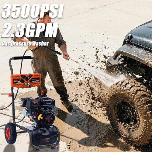 Image of 3500PSI Gas Pressure Washer, 2.3GPM Gas Powered High Pressure Washer with 212CC Engine, 4 Adjustable Nozzles, 25 ft High Pressure Hose for Cleaning Walls, Terraces, Vehicles, Gardens (Orange)