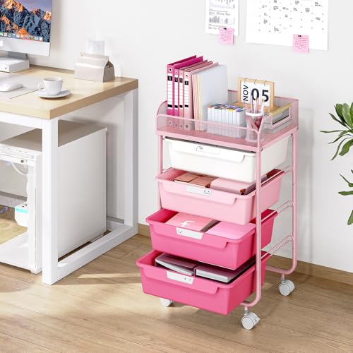 SYKIARIOL Rolling Cart with 4 Drawers,4 Tiers Rolling Utility Cart Craft Cart,Rolling Storage Drawer Cart with Mesh Top,Storage Cart with Drawers & 4 PCS DIY Lable, Rose Pink