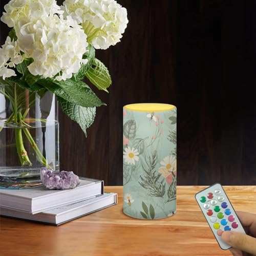 Image of LED Flameless Candles Battery Operated with Remote Timer 5.9'' Tealight Realistic Electric Candle Pillar Lights 12 Color Changing for Indoor Outdoor Home Decor, Daisy Leaf Butterfly Bee