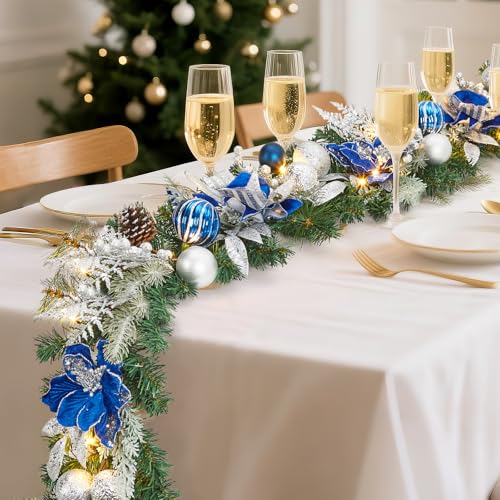 GarveeHome 6ft Christmas Garland with 20 LED Lights, Prelit Xmas Garland for Mantle with Timer Blue Silver Balls, 8 Lighting Modes, for Indoor Outdoor Fireplace Stairs Railing Decorations