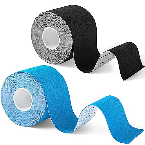 2 Rollos Cinta de Kinesiología Tape 5m x 5cm Banda Venda Cinta Bendaje Adhesiva Deportiva Tape Crossfit Resistente al Agua Transpirable (negro azul)