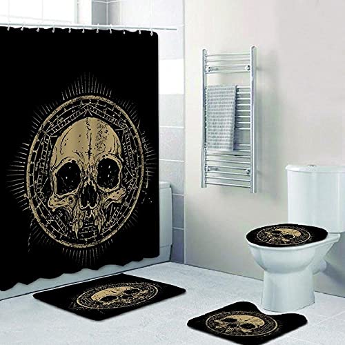 ZDDWLDL 4Pcs Duschvorhänge Set Mit Rutschfesten Teppichen,Toilettendeckel und Badematte Schwarz-Grau-Brauner Totenkopf…