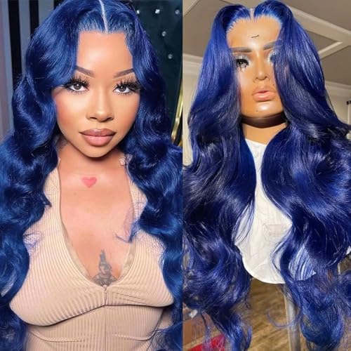 34 Inch Dark Blue Lace Front Wigs Human Hair Body Wave Long 13x4 Royal Blue Hd Lace Front Wig Human Hair Wear and Go Glueless Wig Pre Plucked with Babyhair Colored HD Lace Frontal Wigs for Black Women