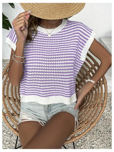 Image of Milumia Women's Striped Short Sleeve Sweater Vest 2025 Summer Cap Sleeve Pullover Tank Top