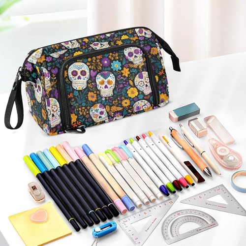 Image of Fisyme Flower Sugar Skull Pencil Case Large Capacity Pencil Pouch Pen Bags Box Big Makeup Pencil Case Organizer