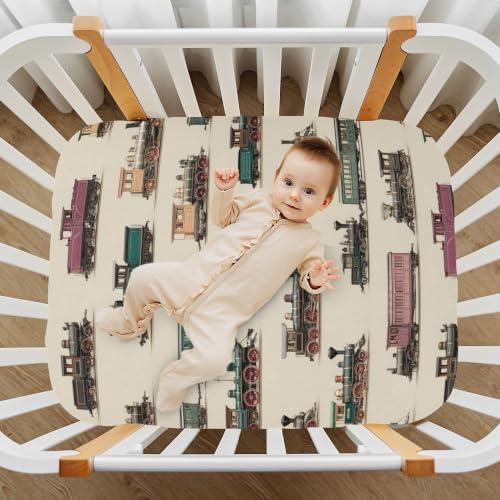 Image of Vintage Trains Beige Crib Sheets Soft Breathable Fitted Baby Crib Sheets Mattress Cover for Girls Boys, 52 inch x 28 inch x 9 inch