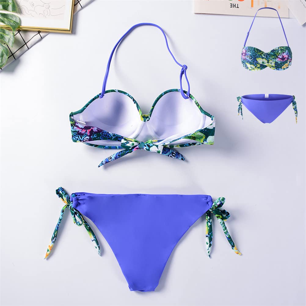 Yutdeng Conjuntos de Bikinis Mujer Push Up Bandeau Sin Tirantes Bikini Brasileño Tanga Trajes de Baño de Dos Piezas Estampado Floral Biquini Bañadores Mujer Natacion